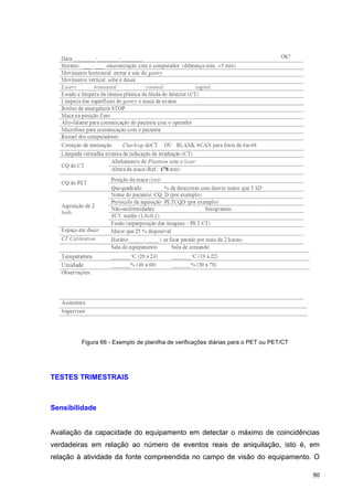  90	
  
Figura 66 - Exemplo de planilha de verificações diárias para o PET ou PET/CT
TESTES TRIMESTRAIS
Sensibilidade
Avaliação da capacidade do equipamento em detectar o máximo de coincidências
verdadeiras em relação ao número de eventos reais de aniquilação, isto é, em
relação à atividade da fonte compreendida no campo de visão do equipamento. O
 