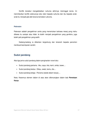 Konflik tersebut mengakibatkan Lahuma akhirnya meninggal dunia. Ini
menimbulkan konflik seterusnya iaitu isteri kepada Lahuma dan ibu kepada anak-
anak itu menjadi gila dek kerana kematian Lahuma.




Peleraian

Peleraian adalah pengakhiran cerita yang menentukan bahawa mesej yang mahu
dibawa itu sampai atau tidak. Ia boleh menjadi pengakhiran yang gembira, juga
boleh jadi pengakhiran yang sedih.

       Kadang-kadang ia dibiarkan tergantung dan terserah kepada penonton
membuat kesimpulan sendiri.




Sudut pandang

Ada tiga jenis sudut pandang dalam penghasilan novel iaitu:

   •   Sudut pandang pertama : Aku, saya, kita, kami, ambo, kawe....

   •   Sudut pandang kedua : Dikau, awak, kamu, dia....

   •   Sudut pandang ketiga : Penama (watak dalam karya)....

Nota: Kesemua elemen dalam di atas akan dibincangkan dalam bab Pemetaan
Karya.




Bagaimana Menulis Sebuah Novel Dalam Masa 30 Hari                                17
 