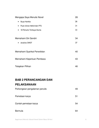 Mengapa Saya Menulis Novel                          28

   •   Buya Hamka                                   28

   •   Puan Ainon Mohd dan PTS                      31

   •   10 Penulis Terkaya Dunia                     33



Memahami Diri Sendiri                               34

   •   Analisis SWOT                                37



Memahami Syarikat Penerbitan                        40


Memahami Keperluan Pembaca                          43


Tetapkan Pilihan                                    46




BAB 2 PERANCANGAN DAN
PELAKSANAAN
Perkongsian pengalaman penulis                      49


Pemetaan karya                                      51


Contoh pemetaan karya                               54


Bermula                                             64


Bagaimana Menulis Sebuah Novel Dalam Masa 30 Hari        6
 