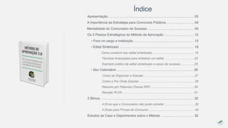 Índice
Apresentação ……………………………………..…………………………… 03
A Importância da Estratégia para Concursos Públicos ………..….………. 04
Mentalidade do Concurseiro de Sucesso ………………….……..………… 05
Os 3 Passos Estratégicos do Método de Aprovação …………..…………. 12
• Foco no cargo e instituição ……………………………………………… 13
• Edital Sintetizado ……………………………………………………….… 18
Como construir seu edital sintetizado ………………………….……… 19
Técnicas Avançadas para sintetizar um edital ………..….………..… 23
Exemplo prático de edital sintetizado e casos de sucesso……….… 25
• Seu Calendário …………………………..…….…………………..…..… 26
Como se Organizar e Estudar ……………..……………………..…… 27
Como e Por Onde Estudar ..……………………………………..…..… 29
Resumo por Palavras Chaves RPC ..………………..……………..… 30
Revisão R12X ..…………….………………………………..………..… 31
2 Bônus ………………..……………………….…………………..………..… 32
4 Erros que o Concurseiro não pode cometer ……….……….……… 33
4 Dicas para Provas de Concurso ………….…..….……………..…… 34
Estudos de Caso e Depoimentos sobre o Método ……..………….……… 35
 