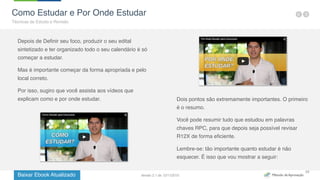 Baixar Ebook Atualizado
29
Depois de Definir seu foco, produzir o seu edital
sintetizado e ter organizado todo o seu calendário é só
começar a estudar.
Mas é importante começar da forma apropriada e pelo
local correto.
Por isso, sugiro que você assista aos vídeos que
explicam como e por onde estudar. Dois pontos são extremamente importantes. O primeiro
é o resumo.
Você pode resumir tudo que estudou em palavras
chaves RPC, para que depois seja possível revisar
R12X de forma eficiente.
Lembre-se: tão importante quanto estudar é não
esquecer. É isso que vou mostrar a seguir:
Como Estudar e Por Onde Estudar
Técnicas de Estudo e Revisão
Versão 2.1 de 12/11/2015
 