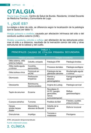136 CAPÍTULO 04:
OTORRINOLARINGOLOGÍA
OTALGIA
Marta López Pensado. Centro de Salud de Burela. Residente, Unidad Docente
de Medicina Familiar y Comunitaria de Lugo.
1. ¿QUÉ ES?
La otalgia o dolor de oído, se diferencia según la localización de la patología
que la causa (ver tabla 1):
Otalgia primaria u otodinia: causada por afectación intrínseca del oído o del
conducto auditivo externo (CAE).
Otalgia secundaria, referida o refleja: por afectación de las estructuras próxi-
mas al oído o a distancia, resultado de la inervación común del oído y otras
estructuras de la cabeza y del cuello.
PRINCIPALES
TABLA 1.
CAUSAS DE OTALGIA PRIMARIA
Y
SECUNDARIA
Otalgias primarias Otalgias secundarias
Otitis externa, otitis
externa maligna
Celulitis, erisipela Patología ATM Patología tiroidea
Otitis media aguda
y crónica
Condritis,
pericondritis
Procesos dentales Patología esofágica
Otitis bullosa vírica
Forúnculo en
elCAE
Patología de las
glándulas salivares
Rinofaringitis aguda
o crónica
Otomicosis
Perforación
timpánica
Flemón y
absceso
periamigdalino
Faringoamigdalitis
aguda
Ototubaritis
Barotrauma,
trauma acústico
Angina de Ludwig Patología cervical
Tapón de cerumen Eccema
Neuralgias (V,
IX PC, ganglio
geniculado,
nervio
auriculotemporal)
Reflujo
gastroesofágico
Cuerpos extraños Tumores Parálisis de Bell
Fístulas y quistes
preauriculares
Herpes
simple,herpes
Zóster
Mastoiditis y
absceso de Bezold
Arteritis de la
temporal
Disfonía funcional
Granulomas Impétigo
Tumores o
metástasis
Psicógena
ATM: articulación témporomandibular.
Fuente: elaboración propia.
2. CLÍNICA
 