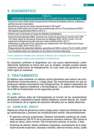 549
CAPÍTULO 12:
ENDOCRINOLOGÍA
4. DIAGNÓSTICO
Glucemia al azar ≥200 mg/dl en presencia de síntomas de diabetes (poliuria, polidipsia o
pérdida de peso inexplicada).
Glucemia en ayunas (al menos durante 8 horas) ≥126 mg/dl.*
Glucemia ≥200 mg/dl a las 2 horas tras la sobrecarga oral con 75 g de glucosa (SOG).*
Hemoglobina glucosilada (HbA1c) ≥6,5 %.*
Criterios que incrementan el riesgo de diabetes (prediabetes)
Glucemia basal alterada (GBA): paciente con niveles de glucemia en ayunas entre 100-
125 mg/dl, según la Asociación Americana de diabetes (ADA, 2018) y entre 110-125
mg/dl para la Organización Mundial de la Salud (OMS) (WHO, 2011).*
Intolerancia a la glucosa (ITG): pacientes con niveles entre 140-199 mg/dl a las 2 horas
de la SOG (ADA, 2018; WHO, 2011).*
Riesgo elevado de desarrollar diabetes: pacientes con HbA1c entre 5,7-6,4 % (ADA, 2018).*
*Los resultados deben ser repetidos en dos determinaciones diferentes.
Fuente: adaptado de Diabetes Care. Standards of Medical Care in Diabetes-2018. Disponible
en: http://fmdiabetes.org/wp-content/uploads/2017/12/ADA2018.pdf
Es necesario confirmar el diagnóstico con una nueva determinación, prefe-
riblemente repitiendo el mismo test que se empleó, excepto cuando existan
síntomas inequívocos de hiperglucemia, en cuyo caso una glucemia al azar
≥200 mg/dl es suficiente.
5. TRATAMIENTO
El objetivo será mantener un estricto control glucémico para reducir las com-
plicaciones microvasculares y, a largo plazo, las macrovasculares sin que se
produzcan efectos secundarios tipo hipoglucemias. El objetivo dependerá de
los hábitos higiénico-dietéticos y farmacológicos. Los pilares del tratamiento
de la DM se fundamentan en los siguientes puntos:
5.1. DIETA
El aporte calórico debe ser individualizado en función de las características
del paciente, metabolismo basal, hábitos dietéticos, horario laboral, etc. Insistir
en la limitación de la ingesta de azúcares refinados por su rápida absorción.
5.2. EJERCICIO FÍSICO
Mejora las cifras de glucemia a corto y largo plazo, mejora los factores de ries-
go cardiovascular y previene las complicaciones tardías. Recomendaciones:
• El ejercicio siempre programado. Realizar actividades aeróbicas de mode-
rada resistencia (50-70 % de la frecuencia cardíaca máxima: 220 menos la
edad en años), como mínimo 150 min/semana durante, al menos, 3 días.
• Síntomas de alarma: latidos cardiacos irregulares, acortamiento de la respi-
ración durante el ejercicio, náuseas o vómitos, dolor en el tórax, brazo, cuello
TABLA 2.
CRITERIOS DIAGNÓSTICOS DE LA DIABETES MELLITUS TIPO 2
 