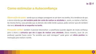Observação de pares: vendo que os colegas conseguem se sair bem nas tarefas, há a tendência de que
o aluno entenda que ele também pode dar conta de realizar as atividades e, assim, se motive a fazê-las.
Da mesma forma, caso perceba que os demais não estão tendo sucesso, pode concluir que ele também
não terá, deixando de se empenhar na tarefa.
Persuasão verbal: também é possível desenvolver a autoeficácia quando alguém de muita confiança
para o aluno o comunica que ele é capaz de realizar uma atividade. Dessa maneira, ouvir de um
professor querido frases como “Eu acredito que você consegue!” pode gerar um efeito positivo na
motivação para realizar a tarefa.
Como estimular a Autoconﬁança
 