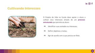 O Projeto de Vida na Escola deve apoiar o aluno a
cultivar seus interesses através de um processo
estruturado que permita ao aluno:
➔ Identificar suas vontades ou interesses;
➔ Definir objetivos e metas;
➔ Agir de acordo com o que precisa ser feito.
Cultivando Interesses
 