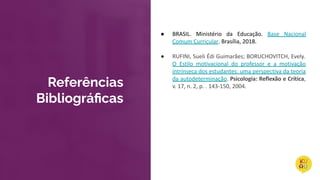 ● BRASIL. Ministério da Educação. Base Nacional
Comum Curricular. Brasília, 2018.
● RUFINI, Sueli Édi Guimarães; BORUCHOVITCH, Evely.
O Estilo motivacional do professor e a motivação
intrínseca dos estudantes: uma perspectiva da teoria
da autodeterminação. Psicologia: Reflexão e Crítica,
v. 17, n. 2, p. . 143-150, 2004.
Referências
Bibliográﬁcas
 