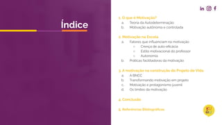 1. O que é Motivação?
a. Teoria da Autodeterminação
b. Motivação autônoma e controlada
2. Motivação na Escola
a. Fatores que inﬂuenciam na motivação
○ Crença de auto-eﬁcácia
○ Estilo motivacional do professor
○ Autonomia
b. Práticas facilitadoras da motivação
3. A motivação na construção do Projeto de VIda
a. A BNCC
b. Transformando motivação em projeto
c. Motivação e protagonismo juvenil
d. Os limites da motivação
4. Conclusão
5. Referências Bibliográﬁcas
Índice
 