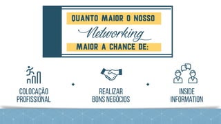 Quanto maior o nosso
Maior a chance de:
Networking
Colocação	
profissional
Realizar	
bons negócios
inside	
information
 