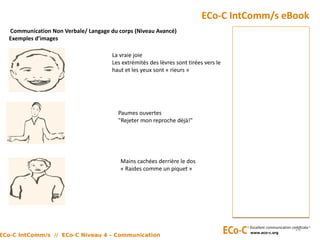 Communication Non Verbale/ Langage du corps (Niveau Avancé)
Exemples d’images
ECo-C IntComm/s eBook
26
Paumes ouvertes
"Rejeter mon reproche déjà!"
Mains cachées derrière le dos
« Raides comme un piquet »
La vraie joie
Les extrémités des lèvres sont tirées vers le
haut et les yeux sont « rieurs »
ECo-C IntComm/s // ECo-C Niveau 4 – Communication
 