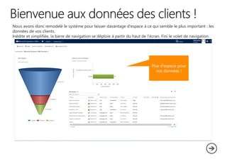 Nous avons donc remodelé le système pour laisser davantage d'espace à ce qui semble le plus important : les
données de vos clients.
Inédite et simplifiée, la barre de navigation se déploie à partir du haut de l'écran. Fini le volet de navigation.

Plus d'espace pour
vos données !

 