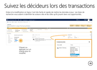 Grâce à la modification en ligne, il est très facile et rapide de mettre les données à jour. Les listes de
recherche vous aident à identifier les acteurs clés et les rôles qu'ils jouent dans vos opportunités.
 