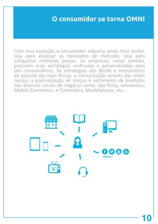 O consumidor se torna OMNI
10
$
Com essa evolução o consumidor adquiriu ainda mais poder,
seja para alcançar as novidades de mercado, seja para
conquistar melhores preços. As empresas, nesse sentido,
precisam criar estratégias unificadas e personalizadas para
tais consumidores. As estratégias vão desde o treinamento
do pessoal das lojas físicas, a comunicação através das redes
sociais, a padronização de preços e sortimento de produtos
nos diversos canais de negócio como: loja física, televendas,
Mobile Commerce, e-Commerce, Marketplaces, etc...
 