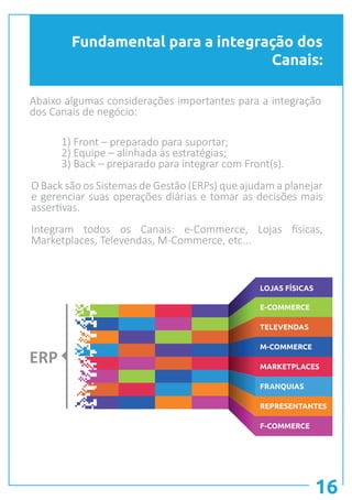 Fundamental para a integração dos
Canais:
16
Abaixo algumas considerações importantes para a integração
dos Canais de negócio:
	 1) Front – preparado para suportar;
	 2) Equipe – alinhada às estratégias;
	 3) Back – preparado para integrar com Front(s).
O Back são os Sistemas de Gestão (ERPs) que ajudam a planejar
e gerenciar suas operações diárias e tomar as decisões mais
assertivas.
Integram todos os Canais: e-Commerce, Lojas físicas,
Marketplaces, Televendas, M-Commerce, etc...
LOJAS FÍSICAS
E-COMMERCE
TELEVENDAS
M-COMMERCE
MARKETPLACES
FRANQUIAS
REPRESENTANTES
F-COMMERCE
ERP
 