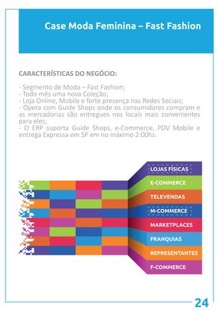 Case Moda Feminina – Fast Fashion
24
CARACTERÍSTICAS DO NEGÓCIO:
- Segmento de Moda – Fast Fashion;
- Todo mês uma nova Coleção;
- Loja Online, Mobile e forte presença nas Redes Sociais;
- Opera com Guide Shops onde os consumidores compram e
as mercadorias são entregues nos locais mais convenientes
para eles;
- O ERP suporta Guide Shops, e-Commerce, PDV Mobile e
entrega Expressa em SP em no máximo 2:00hs.
LOJAS FÍSICAS
E-COMMERCE
TELEVENDAS
M-COMMERCE
MARKETPLACES
FRANQUIAS
REPRESENTANTES
F-COMMERCE
 