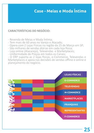 Case - Meias e Moda Íntima
25
CARACTERÍSTICAS DO NEGÓCIO:
- Revenda de Meias e Moda Íntima;
- Tem mais de 60 anos no Varejo e Atacado;
- Opera com 2 Lojas Físicas na região da 25 de Março em SP;
- São milhares de vendas diárias em cada loja física;
- Loja online (Atacarejo), Televendas e Marketplaces;
- Uniformidade de Preços em todos os Canais;
- O ERP suporta as 2 lojas físicas, e-Commerce, Televendas e
Marketplaces e apoia nas decisões de vendas offline e online e
planejamento do negócio.
LOJAS FÍSICAS
E-COMMERCE
TELEVENDAS
M-COMMERCE
MARKETPLACES
FRANQUIAS
REPRESENTANTES
F-COMMERCE
 