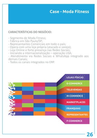 Case - Moda Fitness
26
CARACTERÍSTICAS DO NEGÓCIO:
- Segmento de Moda Fitness;
- Fábrica em São Paulo/SP;
- Representantes Comerciais em todo o país;
- Opera com uma loja própria (atacado e varejo);
- Loja Online e forte presença nas Redes Sociais;
- Iniciando a internacionalização – operação USA;
- Atendimento via Redes Sociais e WhatsApp integrado aos
demais Canais;
- Todos os canais integrados no ERP.
LOJAS FÍSICAS
E-COMMERCE
TELEVENDAS
M-COMMERCE
MARKETPLACES
FRANQUIAS
REPRESENTANTES
F-COMMERCE
 