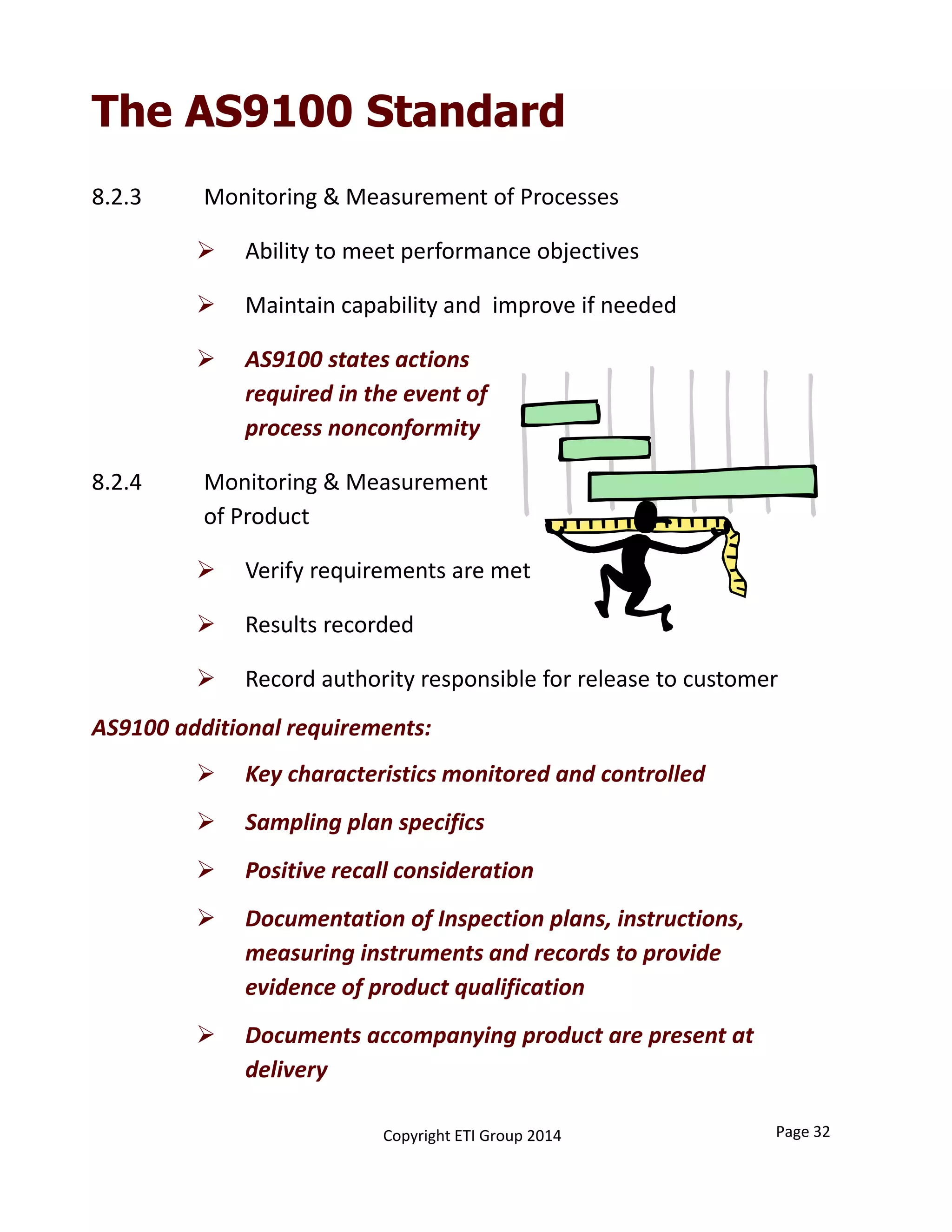 8.2.3  Monitoring & Measurement of Processes
 Ability to meet performance objectives
 Maintain capability and  improve if needed
 AS9100 states actions                                              
required in the event of                                              
process nonconformity
8.2.4 Monitoring & Measurement                                                       
of Product 
 Verify requirements are met
 Results recorded
 Record authority responsible for release to customer
AS9100 additional requirements:
 Key characteristics monitored and controlled
 Sampling plan specifics
 Positive recall consideration
 Documentation of Inspection plans, instructions, 
measuring instruments and records to provide 
evidence of product qualification
 Documents accompanying product are present at 
delivery
The AS9100 Standard
Copyright ETI Group 2014 Page 32
 