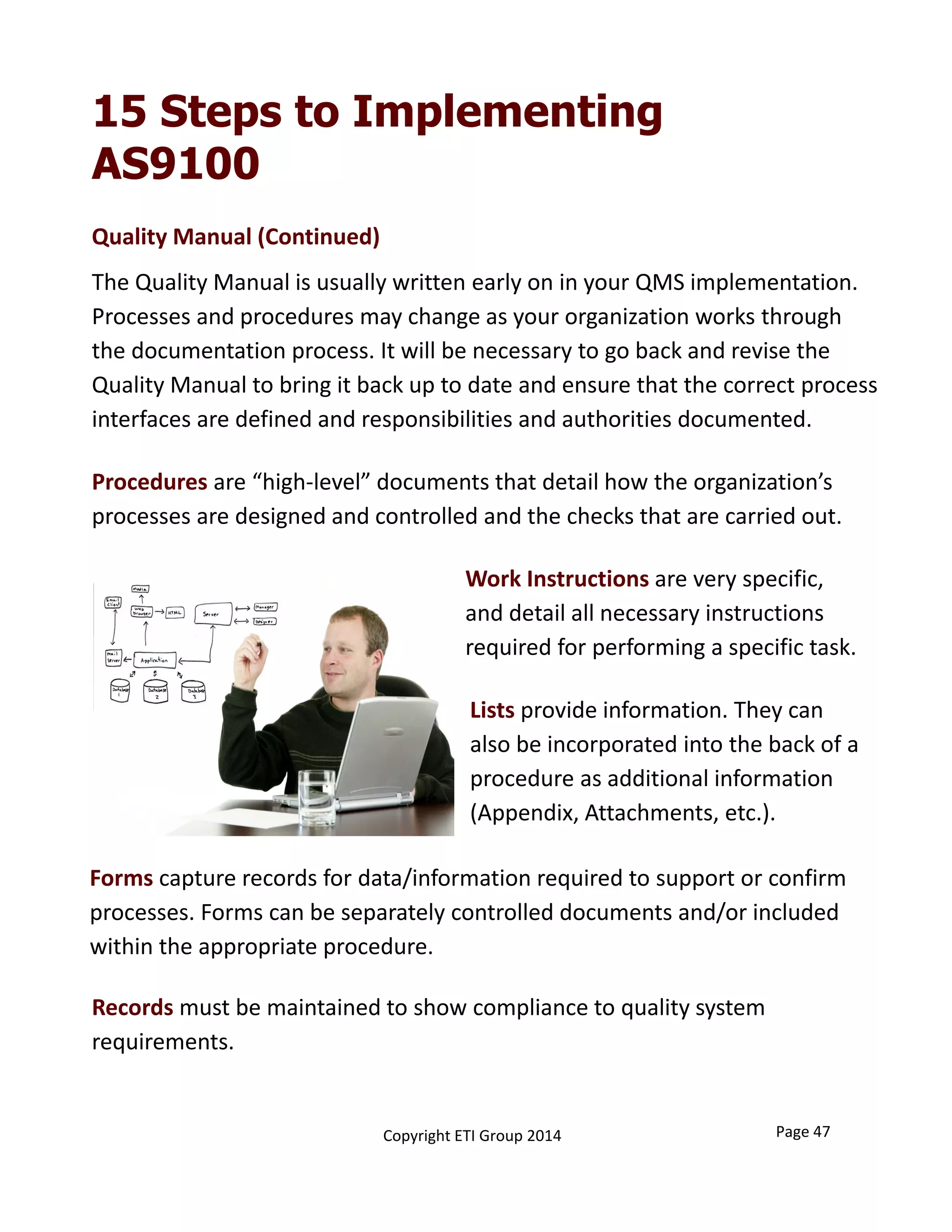 15 Steps to Implementing
AS9100
Quality Manual (Continued)
Procedures are “high‐level” documents that detail how the organization’s 
processes are designed and controlled and the checks that are carried out.
Work Instructions are very specific, 
and detail all necessary instructions 
required for performing a specific task.
Page 47Copyright ETI Group 2014
The Quality Manual is usually written early on in your QMS implementation. 
Processes and procedures may change as your organization works through 
the documentation process. It will be necessary to go back and revise the 
Quality Manual to bring it back up to date and ensure that the correct process 
interfaces are defined and responsibilities and authorities documented.
Lists provide information. They can 
also be incorporated into the back of a 
procedure as additional information 
(Appendix, Attachments, etc.). 
Forms capture records for data/information required to support or confirm 
processes. Forms can be separately controlled documents and/or included 
within the appropriate procedure. 
Records must be maintained to show compliance to quality system 
requirements.
 