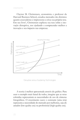 onipresente


                 Clayton M. Christensen, economista e professor da
              Harvard Business School, estudou mercados tão distintos
              quanto escavadeiras e impressoras e criou sua própria tese.
              Em seu livro5, Christensen explicou sua tese sobre a ino­
              vação disruptiva, nos ajudando a compreender melhor a
              inovação e seu impacto nas empresas.



                                                  disrupting technology
Performance




                   most demanding use



                   high quality use




                   medium quality use


                   low quality use



                                                                              Time

                                 Disruptive versus Sustaining Technologies.




                  A teoria é melhor apresentada através do gráfico. Para
              usar o exemplo mais banal de todos, imagine que as retas
              coloridas representam as necessidades de uso de câmeras
              fotográficas. O crescimento suave e constante (uma reta)
              representa a necessidade do mercado por melhorias, seja ele
              amador (low quality use) ou profissional (high quality use).


              20
 