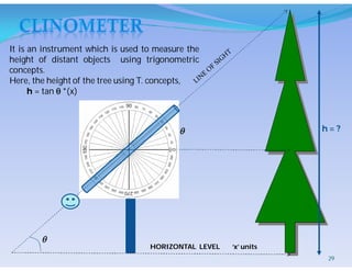 h = ?
HORIZONTAL LEVEL


It is an instrument which is used to measure the
height of distant objects using trigonometric
concepts.
Here, the height of the tree using T. concepts,
h = tan  *(x)
‘x’ units
29
 