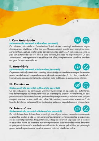 I. Com Autoridade
(Alto controlo parental e Alto afeto parental)
Os pais com autoridade ou “autoritativos” (authoritative parenting) estabelecem regras
claras para as atividades online dos seus filhos que depois monitorizam, corrigindo com-
portamentos negativos e reforçando comportamentos positivos. A comunicação entre os
pais com autoridade e os seus filhos é clara e aberta, baseada no respeito mútuo. Os pais
“autoritativos” interagem com os seus filhos com afeto, compreensão e carinho e atendem
em geral às suas necessidades.
II. Autoritário
(Alto controlo parental e Baixo afeto parental)
Os pais autoritários (authoritarian parenting) são muito rígidos e estabelecem regras de restrição
para o uso da Internet, independentemente, de qualquer participação da criança na decisão.
Normalmente, os pais autoritários não valorizam muito o diálogo e a autonomia da criança.
III. Permissivo
(Baixo controlo parental e Alto afeto parental)
Os pais indulgentes ou permissivos (permissive parenting), em oposição aos autoritários,
não definem regras ou limites para o uso de Internet pela criança. Normalmente, os pais
permissivos são bastante tolerantes, permitindo que seja a criança a definir o seu próprio
comportamento e as suas atividades online. São afetivos, comunicativos e recetivos à uti-
lização da Internet pelos seus filhos, tendendo a satisfazer os pedidos que a criança faça.
IV. Laissez-faire
(Baixo controlo parental e Baixo afeto parental)
Os pais laissez-faire (laissez-faire parenting), que alguns autores denominam mesmo de
negligentes, tendem a não ser nem sensíveis/compreensivos nem exigentes, a respeito do
uso da Internet pelos filhos. Frequentemente, estes pais envolvem-se pouco com o uso que
os seus filhos fazem da Internet e não acompanham as suas atividades online. Enquanto
os pais permissivos estão envolvidos na utilização da Internet pelos filhos, os pais negli-
gentes estão frequentemente focados nas suas próprias atividades online.
 