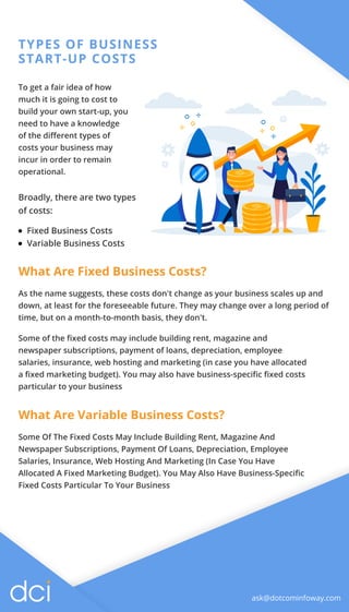 TYPES OF BUSINESS
START-UP COSTS
ask@dotcominfoway.com
To get a fair idea of how
much it is going to cost to
build your ow...