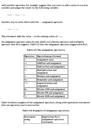 with another operation. For example, suppose that you want to add a value to a scalar
variable and assign the result to the following variable:


      $var = $var + 1;


Another way to write this is with the += assignment operator:


      $var += 1;


This statement adds the value 1 to the existing value of $var.

An assignment operator exists for just about every bitwise operator and arithmetic
operator that Perl supports. Table 4.3 lists the assignment operators supported in Perl.

                            Table 4.3. The assignment operators.

                       Operator      Operations performed
                       =             Assignment only
                       +=            Addition and assignment
                       -=            Subtraction and assignment
                       *=            Multiplication and
                                     assignment
                       /=            Division and assignment
                       %=            Remainder and assignment
                       **=           Exponentiation and
                                     assignment
                       &=            Bitwise AND and assignment
                       |=            Bitwise OR and assignment
                       ^=            Bitwise XOR and assignment

Table 4.4 shows examples of the assignment operators, along with equivalent statements
that use operators you've seen earlier.

                     Table 4.4. Examples of assignment operators.

                       Statement          Equivalent Perl
                       using              assignment operator
                                          statement
 