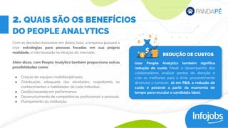 Com as decisões baseadas em dados reais, a empresa passará a
criar estratégias para pessoas focadas em sua própria
realidade, e não baseada na intuição do mercado.
Além disso, com People Analytics também proporciona outras
possibilidades como:
● Criação de equipes multidisciplinares;
● Distribuição adequada das atividades, respeitando os
conhecimentos e habilidades de cada indivíduo;
● Gestão baseada em performance;
● Desenvolvimento de competências profissionais e pessoais;
● Planejamento da instituição.
Usar People Analytics também significa
redução de custo. Medir o desempenho dos
colaboradores, analisar pontos de atenção e
criar as melhorias para o time, provavelmente
diminuirá o turnover. Já em R&S, a redução de
custo é possível a partir da economia de
tempo para recrutar o candidato ideal.
REDUÇÃO DE CUSTOS
2. QUAIS SÃO OS BENEFÍCIOS
DO PEOPLE ANALYTICS
 