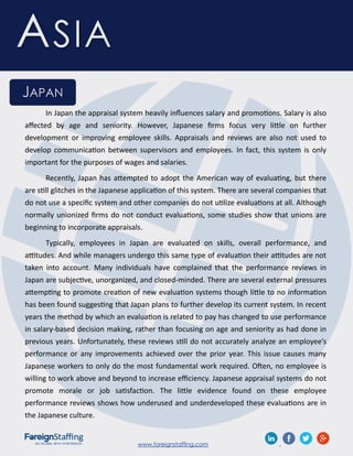 www.foreignstaffing.com .
ASIA
JAPAN
In Japan the appraisal system heavily influences salary and promotions. Salary is also
affected by age and seniority. However, Japanese firms focus very little on further
development or improving employee skills. Appraisals and reviews are also not used to
develop communication between supervisors and employees. In fact, this system is only
important for the purposes of wages and salaries.
Recently, Japan has attempted to adopt the American way of evaluating, but there
are still glitches in the Japanese application of this system. There are several companies that
do not use a specific system and other companies do not utilize evaluations at all. Although
normally unionized firms do not conduct evaluations, some studies show that unions are
beginning to incorporate appraisals.
Typically, employees in Japan are evaluated on skills, overall performance, and
attitudes. And while managers undergo this same type of evaluation their attitudes are not
taken into account. Many individuals have complained that the performance reviews in
Japan are subjective, unorganized, and closed-minded. There are several external pressures
attempting to promote creation of new evaluation systems though little to no information
has been found suggesting that Japan plans to further develop its current system. In recent
years the method by which an evaluation is related to pay has changed to use performance
in salary-based decision making, rather than focusing on age and seniority as had done in
previous years. Unfortunately, these reviews still do not accurately analyze an employee’s
performance or any improvements achieved over the prior year. This issue causes many
Japanese workers to only do the most fundamental work required. Often, no employee is
willing to work above and beyond to increase efficiency. Japanese appraisal systems do not
promote morale or job satisfaction. The little evidence found on these employee
performance reviews shows how underused and underdeveloped these evaluations are in
the Japanese culture.
 