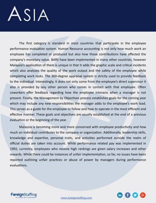 www.foreignstaffing.com .
The first category is standard in most countries that participate in the employee
performance evaluation system. Human Resource accounting is not only how much work an
employee has completed or produced but also how those contributions have affected the
company’s monetary value. BARS have been implemented in many other countries, however
Malaysia’s application of them is unique in that it adds the graphic scale and critical incidents
which also analyzes the quality of the work output and the safety of the employee while
completing work tasks. The 360-degree appraisal system is strictly used to provide feedback
to the individual. Interestingly, it does not only come from the employee’s direct supervisor it
also is provided by any other person who comes in contact with that employee. Often
coworkers offer feedback regarding how the employee interacts when a manager is not
present. Finally, the Management by Objectives process establishes goals for the coming year
which may include any new responsibilities the manager adds to the employee’s work load.
This serves as a guide for the employee to follow and how to operate in the most efficient and
effective manner. These goals and objectives are usually established at the end of a previous
evaluation or the beginning of the year.
Malaysia is becoming more and more concerned with employee productivity and how
much an individual contributes to the company or organization. Additionally, leadership skills,
knowledge and expertise, personal traits, and activities performed outside the realm of
official duties are taken into account. While performance related pay was implemented in
1992, currently, employees who receive high rankings are given salary increases and other
rewards. While there could be instances of unfair implementation, so far, no issues have been
reported outlining unfair practices or abuse of power by managers during performance
evaluations.
ASIA
 