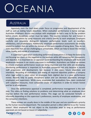 www.foreignstaffing.com .
OCEANIA
AUSTRALIA
Appraisals from the land down under focus on progression and development of the
staff as well as stating future objectives. When evaluation performance is below average,
Australian employers discuss and analyze with employees to find a way to fix the problem
before drastic disciplinary action must be taken. This country remains fair and honest in
employee evaluations by using measures and criteria specific to each employee. Employers
carefully and accurately distinguish between performance levels such as excellent,
satisfactory, and unsatisfactory. Additionally, employee performance assessments are directly
related to matters that are within the domain of the work capable of being done. They do not
state objectives that are too challenging or unreachable, which can help to boost the intrinsic
value, loyalty, and morale of employees.
A supervisor’s goal when conducting performance evaluations is to keep the balance by
not focusing too much on the negatives or the positives while still remaining fair, transparent,
and objective. It is important for an appraiser avoid bombarding the employee with faults and
weaknesses because it can cause a decrease in motivation. Australians use follow-up reviews
to ensure employee performance issues are being improved and that skills are developing.
Monitoring performance is important to Australian companies not only because it records
staff progression and development, but because it also states future objectives and
intentions. Recording all evaluations and stating all required objectives protects a company
when legal action is taken when an employee feels slighted due to a poor performance
review. Records help to justify disciplinary action and can decrease arguments amongst
employees and supervisors. While many employees feel evaluations have been conducted
with subjective measures, most companies create set objectives in order to remain honest
and fair to all employees.
Once the performance appraisal is completed, performance management is the next
step. This refers to finding solutions to problems and determining what an employee must
improve before the next performance review. This stage can be conducted formally or
informally depending on the supervisor’s preferences, severity of employee weaknesses, and
the company’s intentions.
These reviews are usually done in the middle of the year and are considered a priority
by the human resource department. The evaluation period is often referred to as the ‘review
season’. Most employees do not object to the Australian ways as long as performance
appraisals are not based on biases or subjectivity.
 
