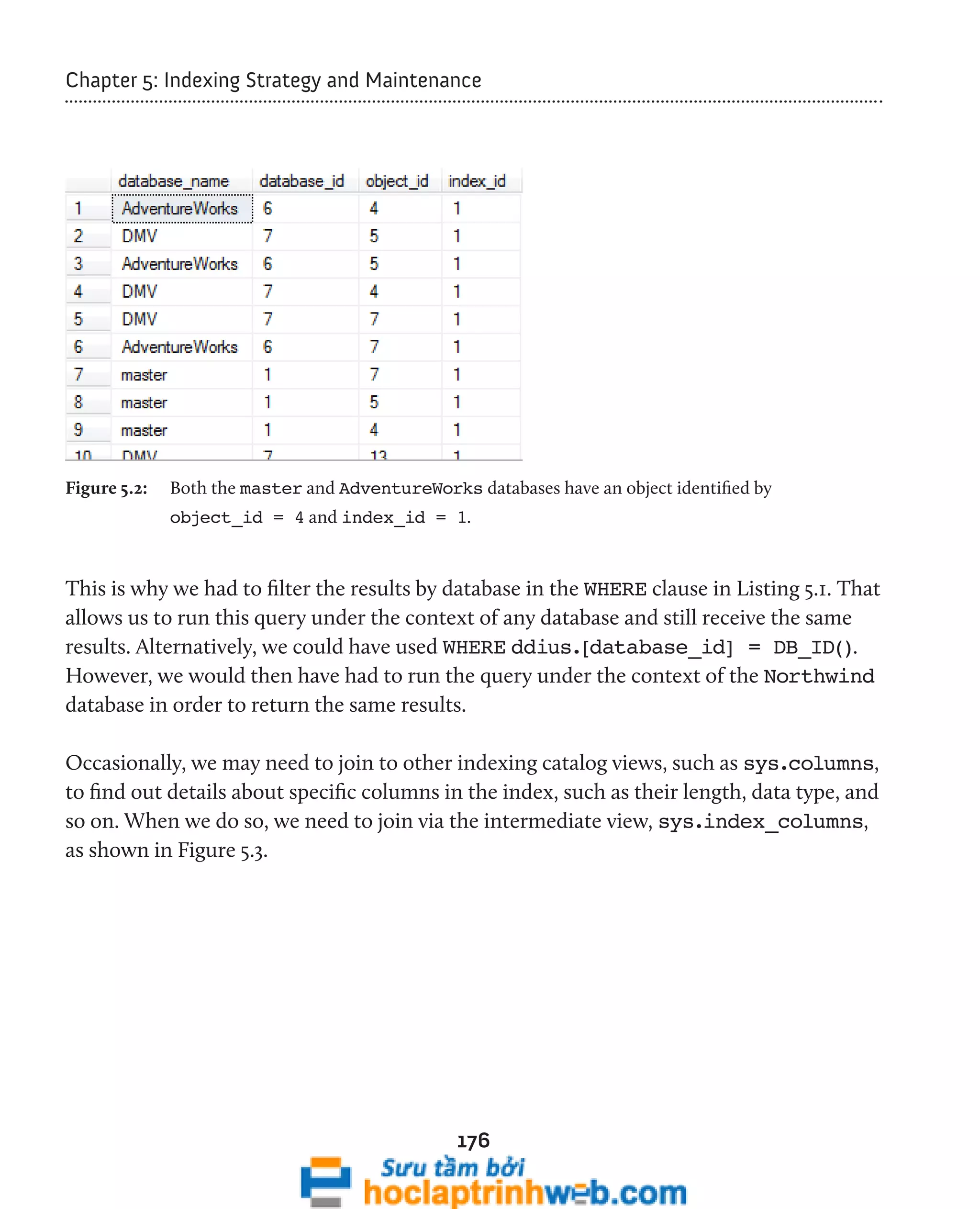 Chapter 5: Indexing Strategy and Maintenance 
Figure 5.2: Both the master and AdventureWorks databases have an object identified by 
object_id = 4 and index_id = 1. 
This is why we had to filter the results by database in the WHERE clause in Listing 5.1. That 
allows us to run this query under the context of any database and still receive the same 
results. Alternatively, we could have used WHERE ddius.[database_id] = DB_ID(). 
However, we would then have had to run the query under the context of the Northwind 
database in order to return the same results. 
Occasionally, we may need to join to other indexing catalog views, such as sys.columns, 
to find out details about specific columns in the index, such as their length, data type, and 
so on. When we do so, we need to join via the intermediate view, sys.index_columns, 
as shown in Figure 5.3. 
176 
 