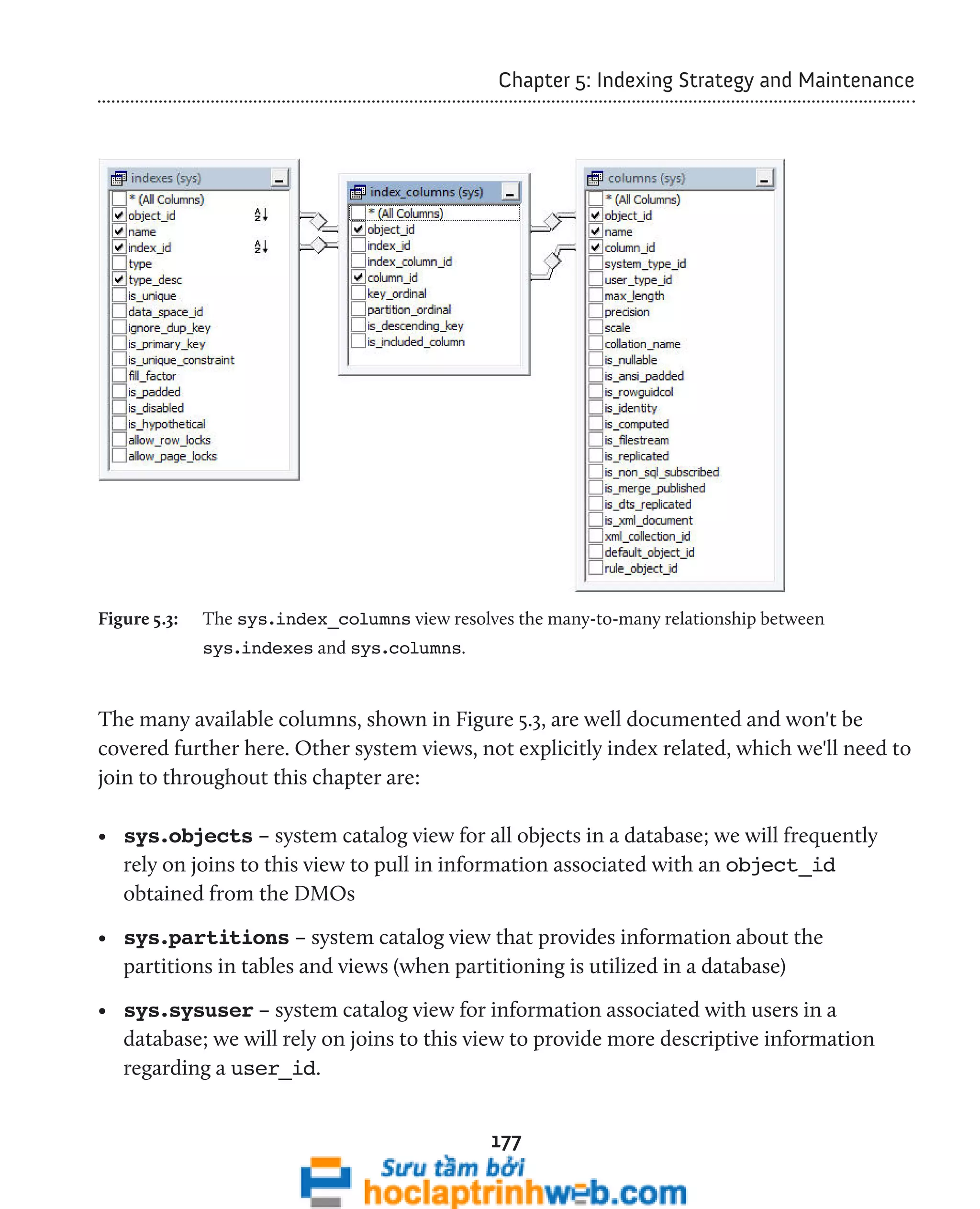 Chapter 5: Indexing Strategy and Maintenance 
Figure 5.3: The sys.index_columns view resolves the many-to-many relationship between 
177 
sys.indexes and sys.columns. 
The many available columns, shown in Figure 5.3, are well documented and won't be 
covered further here. Other system views, not explicitly index related, which we'll need to 
join to throughout this chapter are: 
• sys.objects – system catalog view for all objects in a database; we will frequently 
rely on joins to this view to pull in information associated with an object_id 
obtained from the DMOs 
• sys.partitions – system catalog view that provides information about the 
partitions in tables and views (when partitioning is utilized in a database) 
• sys.sysuser – system catalog view for information associated with users in a 
database; we will rely on joins to this view to provide more descriptive information 
regarding a user_id. 
 