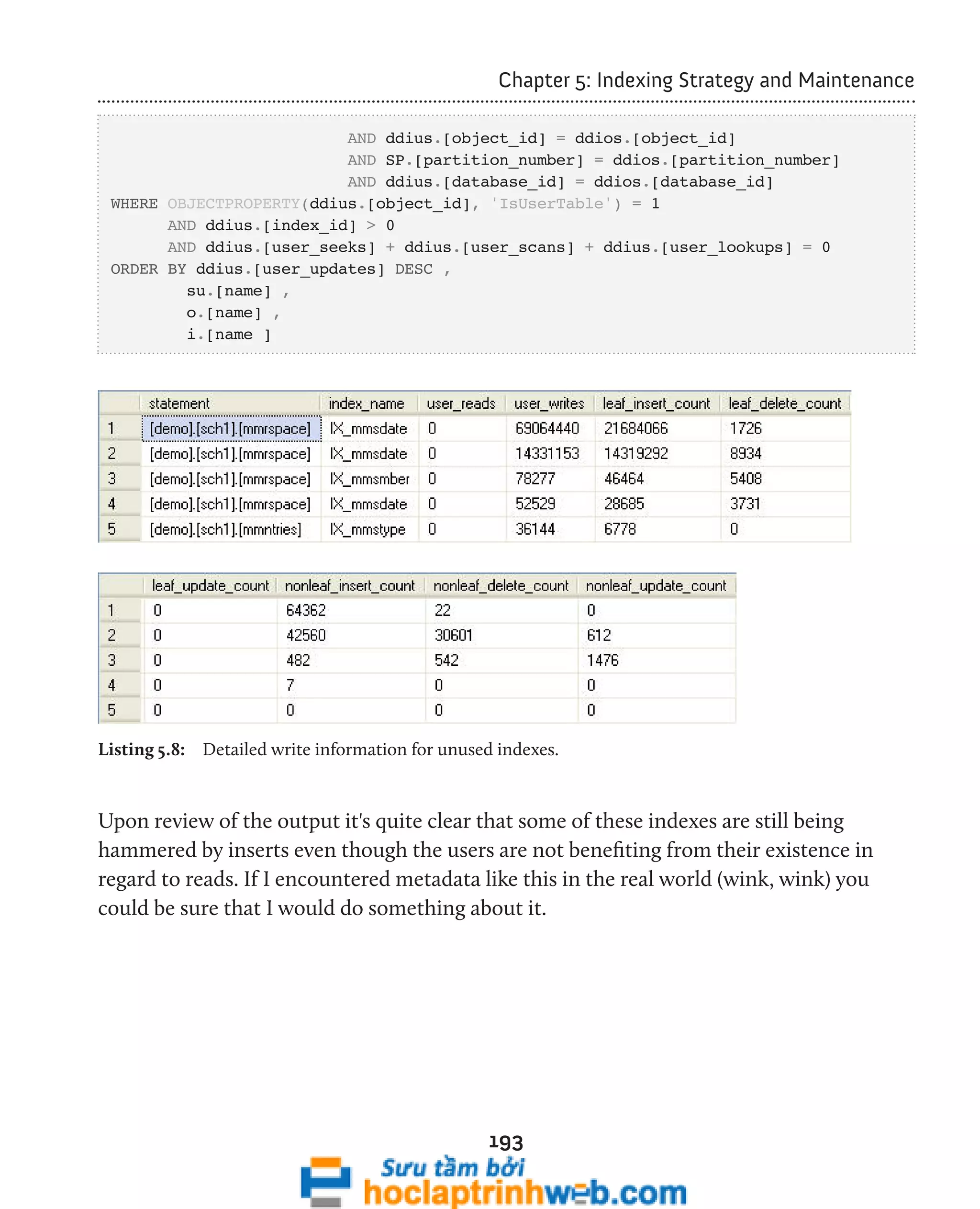 Chapter 5: Indexing Strategy and Maintenance 
AND ddius.[object_id] = ddios.[object_id] 
AND SP.[partition_number] = ddios.[partition_number] 
AND ddius.[database_id] = ddios.[database_id] 
WHERE OBJECTPROPERTY(ddius.[object_id], 'IsUserTable') = 1 
AND ddius.[index_id] > 0 
AND ddius.[user_seeks] + ddius.[user_scans] + ddius.[user_lookups] = 0 
193 
ORDER BY ddius.[user_updates] DESC , 
su.[name] , 
o.[name] , 
i.[name ] 
Listing 5.8: Detailed write information for unused indexes. 
Upon review of the output it's quite clear that some of these indexes are still being 
hammered by inserts even though the users are not benefiting from their existence in 
regard to reads. If I encountered metadata like this in the real world (wink, wink) you 
could be sure that I would do something about it. 
 