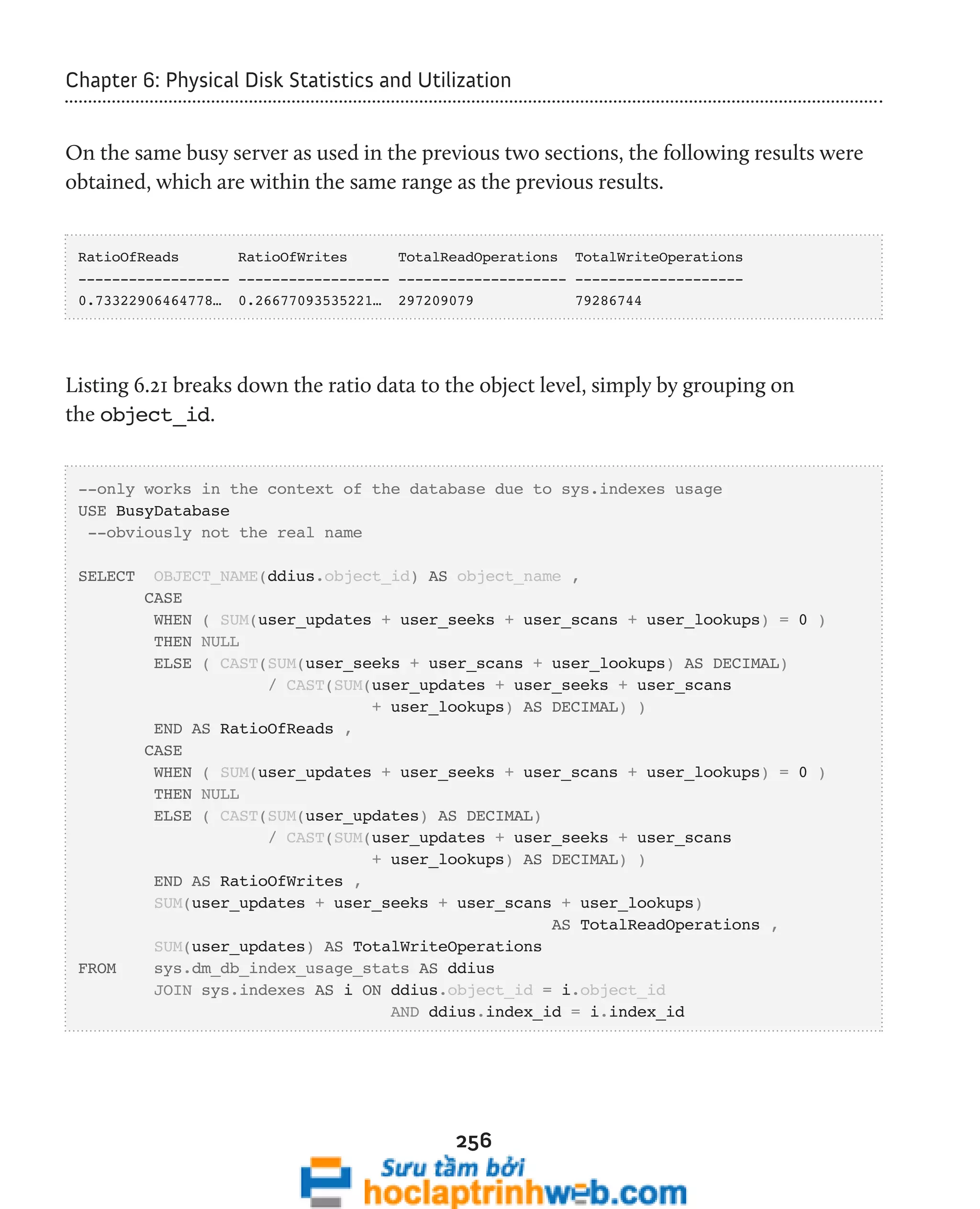 Chapter 6: Physical Disk Statistics and Utilization 
On the same busy server as used in the previous two sections, the following results were 
obtained, which are within the same range as the previous results. 
RatioOfReads RatioOfWrites TotalReadOperations TotalWriteOperations 
------------------ ------------------ -------------------- -------------------- 
0.73322906464778… 0.26677093535221… 297209079 79286744 
Listing 6.21 breaks down the ratio data to the object level, simply by grouping on 
the object_id. 
--only works in the context of the database due to sys.indexes usage 
USE BusyDatabase 
--obviously not the real name 
SELECT OBJECT_NAME(ddius.object_id) AS object_name , 
CASE 
WHEN ( SUM(user_updates + user_seeks + user_scans + user_lookups) = 0 ) 
THEN NULL 
ELSE ( CAST(SUM(user_seeks + user_scans + user_lookups) AS DECIMAL) 
/ CAST(SUM(user_updates + user_seeks + user_scans 
+ user_lookups) AS DECIMAL) ) 
END AS RatioOfReads , 
CASE 
WHEN ( SUM(user_updates + user_seeks + user_scans + user_lookups) = 0 ) 
THEN NULL 
ELSE ( CAST(SUM(user_updates) AS DECIMAL) 
/ CAST(SUM(user_updates + user_seeks + user_scans 
+ user_lookups) AS DECIMAL) ) 
END AS RatioOfWrites , 
SUM(user_updates + user_seeks + user_scans + user_lookups) 
256 
AS TotalReadOperations , 
SUM(user_updates) AS TotalWriteOperations 
FROM sys.dm_db_index_usage_stats AS ddius 
JOIN sys.indexes AS i ON ddius.object_id = i.object_id 
AND ddius.index_id = i.index_id 
 