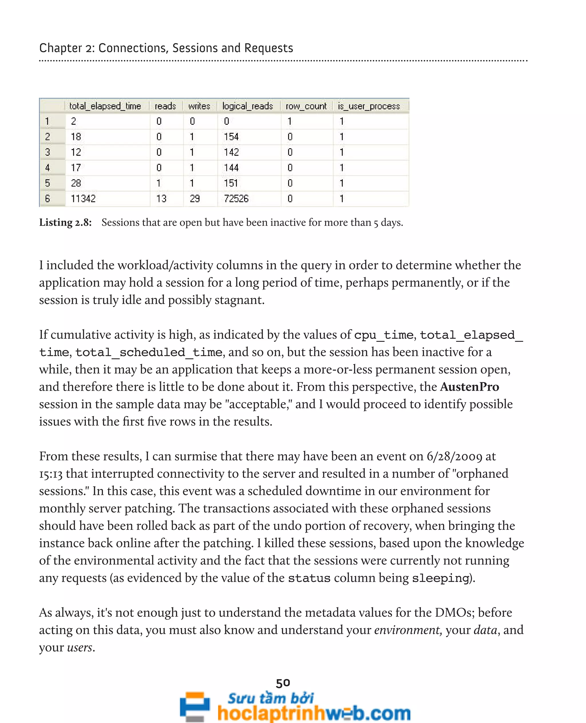 Chapter 2: Connections, Sessions and Requests 
Listing 2.8: Sessions that are open but have been inactive for more than 5 days. 
I included the workload/activity columns in the query in order to determine whether the 
application may hold a session for a long period of time, perhaps permanently, or if the 
session is truly idle and possibly stagnant. 
If cumulative activity is high, as indicated by the values of cpu_time, total_elapsed_ 
time, total_scheduled_time, and so on, but the session has been inactive for a 
while, then it may be an application that keeps a more-or-less permanent session open, 
and therefore there is little to be done about it. From this perspective, the AustenPro 
session in the sample data may be "acceptable," and I would proceed to identify possible 
issues with the first five rows in the results. 
From these results, I can surmise that there may have been an event on 6/28/2009 at 
15:13 that interrupted connectivity to the server and resulted in a number of "orphaned 
sessions." In this case, this event was a scheduled downtime in our environment for 
monthly server patching. The transactions associated with these orphaned sessions 
should have been rolled back as part of the undo portion of recovery, when bringing the 
instance back online after the patching. I killed these sessions, based upon the knowledge 
of the environmental activity and the fact that the sessions were currently not running 
any requests (as evidenced by the value of the status column being sleeping). 
As always, it's not enough just to understand the metadata values for the DMOs; before 
acting on this data, you must also know and understand your environment, your data, and 
your users. 
50 
 