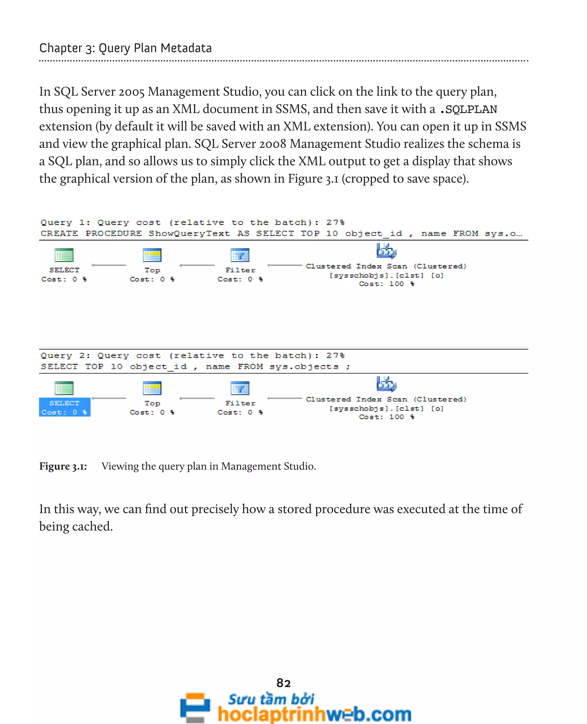 82 
Chapter 3: Query Plan Metadata 
In SQL Server 2005 Management Studio, you can click on the link to the query plan, 
thus opening it up as an XML document in SSMS, and then save it with a .SQLPLAN 
extension (by default it will be saved with an XML extension). You can open it up in SSMS 
and view the graphical plan. SQL Server 2008 Management Studio realizes the schema is 
a SQL plan, and so allows us to simply click the XML output to get a display that shows 
the graphical version of the plan, as shown in Figure 3.1 (cropped to save space). 
Figure 3.1: Viewing the query plan in Management Studio. 
In this way, we can find out precisely how a stored procedure was executed at the time of 
being cached. 
 