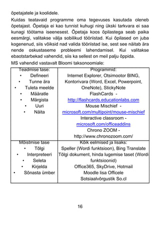 16
õpetajatele ja koolidele.
Kuidas teatavaid programme oma tegevuses kasutada oleneb
õpetajast. Õpetaja ei kao tunnist kuhugi ning ükski tarkvara ei saa
kunagi töötama iseenesest. Õpetaja koos õpilastega seab paika
eesmärgi, valitakse välja sobilikud tööriistad. Kui õpilased on juba
kogenenud, siis võiksid nad valida tööriistad ise, sest see näitab ära
nende oskustaseme probleemi lahendamisel. Kui valitakse
ebaotstarbekad vahendid, siis ka sellest on meil palju õppida.
MS vahendid vastavalt Bloomi taksonoomiale:
Teadmise tase:
• Defineeri
• Tunne ära
• Tuleta meelde
• Määratle
• Märgista
• Uuri
• Näita
Programmid:
Internet Explorer, Otsimootor BING,
Kontorivara (Word, Excel, Powerpoint,
OneNote), StickyNote
FlashCards -
http://flashcards.educationlabs.com
Mouse Mischief -
microsoft.com/multipoint/mouse-mischief
Interactive classroom -
microsoft.com/officeaddins
Chrono ZOOM -
http://www.chronozoom.com/
Mõistmise tase
• Tõlgi
• Interpreteeri
• Seleta
• Kirjelda
• Sõnasta ümber
Kõik eelmised ja lisaks:
Speller (Wordi funktsioon), Bing Translate
Tõlgi dokument, hinda lugemise taset (Wordi
funktsioonid)
Office365, SkyDrive, Hotmail
Moodle lisa Officele
Sotsiaalvõrgustik So.cl
 