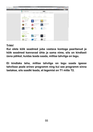 55
Trikk!
Kui olete kõik seadmed juba vastava kontoga paaritanud ja
kõik seadmed kannavad ühte ja sama nime, siis on kindlasti
üsna pähkel, kuidas teada saada, millise tahvliga on tegu.
Et kindlaks teha, millise tahvliga on tegu saada igasse
tahvlisse peale erinev programm ning kui see programm sinna
laetakse, siis saadki teada, et tegemist on T1 mitte T2.
 