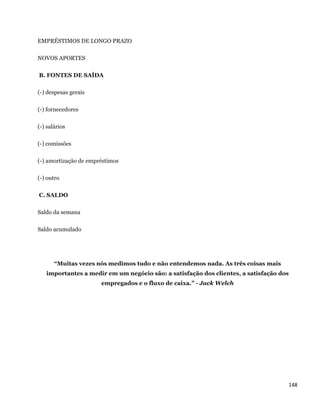 EMPRÉSTIMOS DE LONGO PRAZO

NOVOS APORTES

    B. FONTES DE SAÍDA

(-) despesas gerais

(-) fornecedores

(-) salários

(-) comissões

(-) amortização de empréstimos

(-) outro

    C. SALDO

Saldo da semana

Saldo acumulado




        “Muitas vezes nós medimos tudo e não entendemos nada. As três coisas mais
      importantes a medir em um negócio são: a satisfação dos clientes, a satisfação dos
                        empregados e o fluxo de caixa.” - Jack Welch




                                                                                           148 
 
 