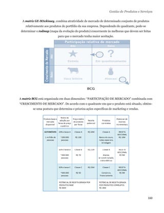 Gestão de Produtos e Serviços

     A matriz GE-MAckinsey, combina atratividade de mercado de determinado conjunto de produtos
       relativamente aos produtos do portfólio da sua empresa. Dependendo do quadrante, pode-se
    determinar o rodmap (mapa da evolução do produto) concernente às melhoras que devem ser feitas
                              para que o mercado tenha maior aceitação.




A matriz BCG está organizada em duas dimensões: “PARTICIPAÇÃO DE MERCADO” combinada com
“CRESCIMENTO DE MERCADO”. De acordo com o quadrante em que o produto está situado, obtém-
            se uma postura que determina e prioriza ações específicas de marketing e vendas.




                                                                                                  160 
 
 