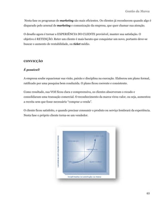 Gestão da Marca

    Nesta fase os programas de marketing são mais eficientes. Os clientes já reconhecem quando algo é
    disparado pelo arsenal de marketing e comunicação da empresa, que quer chamar sua atenção.

    O desafio agora é tornar a EXPERIÊNCIA DO CLIENTE previsível, manter sua satisfação. O
    objetivo é RETENÇÃO. Reter um cliente é mais barato que conquistar um novo, portanto deve-se
    buscar o aumento de rentabilidade, ou ticket médio.




    CONVICÇÃO

    É possível!

    A empresa soube equacionar sua visão, paixão e disciplina na execução. Elaborou um plano formal,
    ratificado por uma pesquisa bem conduzida. O plano ficou coerente e consistente.

    Como resultado, sua VOZ ficou clara e compreensiva, os clientes absorveram o recado e
    consolidaram uma transação comercial. O reconhecimento da marca virou valor, ou seja, aumentou
    a receita sem que fosse necessário “comprar a venda”.

    O cliente ficou satisfeito, e quando precisar consumir o produto ou serviço lembrará da experiência.
    Nesta fase o próprio cliente torna-se um vendedor.




                                                                                                     63 
 
 