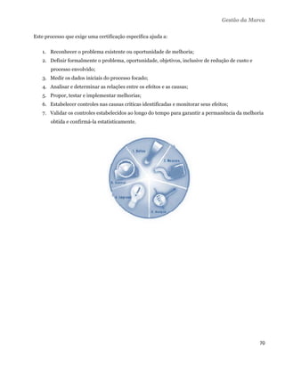 Gestão da Marca

Este processo que exige uma certificação específica ajuda a:

    1. Reconhecer o problema existente ou oportunidade de melhoria;
    2. Definir formalmente o problema, oportunidade, objetivos, inclusive de redução de custo e
       processo envolvido;
    3. Medir os dados iniciais do processo focado;
    4. Analisar e determinar as relações entre os efeitos e as causas;
    5. Propor, testar e implementar melhorias;
    6. Estabelecer controles nas causas críticas identificadas e monitorar seus efeitos;
    7. Validar os controles estabelecidos ao longo do tempo para garantir a permanência da melhoria
       obtida e confirmá-la estatisticamente.




                                                                                                  70 
 
 