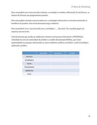 O Plano de Marketing

Para um produto novo num mercado existente, a estratégia é ressaltar o diferencial. Se não houver, as
chances de fracasso são perigosamente grandes.

Para um produto existente num mercado novo, a estratégia é desenvolver o mercado mostrando os
benefícios do produto. Esta tarefa demanda tempo e dinheiro.

Para um produto novo, num mercado novo a estratégia é ..... boa sorte ! Se o produto pegar sua
empresa será um ícone.

Uma ferramenta que auxilia na análise das variantes externas para determinar a POTENCIAL
velocidade da curva de maturidade de produto é a análise denominada PESTAL, que reúne
oportunidades ou ameaças relacionadas ao macro ambiente: político, econômico, social, tecnológico,
ambiental e jurídico.




                                                                                                   75 
 
 