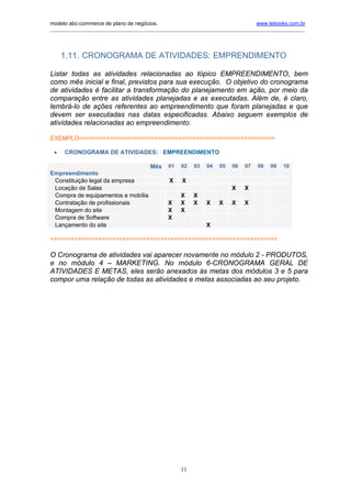 modelo abc-commerce de plano de negócios.                                              www.lebooks.com.br
____________________________________________________________________________________________________________




     1.11. CRONOGRAMA DE ATIVIDADES: EMPRENDIMENTO

Listar todas as atividades relacionadas ao tópico EMPREENDIMENTO, bem
como mês inicial e final, previstos para sua execução. O objetivo do cronograma
de atividades é facilitar a transformação do planejamento em ação, por meio da
comparação entre as atividades planejadas e as executadas. Além de, é claro,
lembrá-lo de ações referentes ao empreendimento que foram planejadas e que
devem ser executadas nas datas especificadas. Abaixo seguem exemplos de
atividades relacionadas ao empreendimento.

EXEMPLO=========================================================

 •    CRONOGRAMA DE ATIVIDADES: EMPREENDIMENTO

                                          Mês     01   02   03    04   05    06   07    08   09   10
Empreendimento
 Constituição legal da empresa                    X    X
 Locação de Salas                                                            X    X
 Compra de equipamentos e mobília                      X    X
 Contratação de profissionais                     X    X    X     X    X     X    X
 Montagem do site                                 X    X
 Compra de Software                               X
 Lançamento do site                                               X

==================================================================

O Cronograma de atividades vai aparecer novamente no módulo 2 - PRODUTOS,
e no módulo 4 – MARKETING. No módulo 6-CRONOGRAMA GERAL DE
ATIVIDADES E METAS, eles serão anexados às metas dos módulos 3 e 5 para
compor uma relação de todas as atividades e metas associadas ao seu projeto.




                                                       11
 