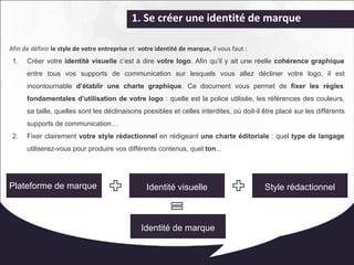 1. Se créer une identité de marque 
Afin de définir le style de votre entreprise et votre identité de marque, il vous faut : 
1. Créer votre identité visuelle c’est à dire votre logo. Afin qu’il y ait une réelle cohérence graphique 
entre tous vos supports de communication sur lesquels vous allez décliner votre logo, il est 
incontournable d’établir une charte graphique. Ce document vous permet de fixer les règles 
fondamentales d’utilisation de votre logo : quelle est la police utilisée, les références des couleurs, 
sa taille, quelles sont les déclinaisons possibles et celles interdites, où doit-il être placé sur les différents 
supports de communication… 
2. Fixer clairement votre style rédactionnel en rédigeant une charte éditoriale : quel type de langage 
utiliserez-vous pour produire vos différents contenus, quel ton... 
Plateforme de marque Identité visuelle Style rédactionnel 
Identité de marque 
 