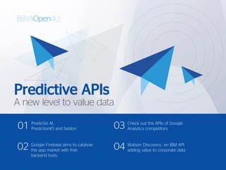 PredicSis AI,
PredictionIO and Seldon01
Google Firebase aims to catalyse
the app market with free
backend tools
02
Check out the APIs of Google
Analytics competitors03
Watson Discovery, an IBM API
adding value to corporate data04
Predictive APIs
A new level to value data
 