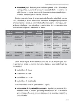 A organização e suas principais características
47
Coordenação : é a unificação e harmonização de toda a atividade e
esforço, isto é, ajustar as diversas unidades de trabalho ou setores aos
objetivos da empresa, por meio do funcionamento adequado dos re-
sultados oriundos dessas mesmas unidades.
Dentre as características de uma organização formal, a autoridade merece
uma consideração maior, pois através da análise desse princípio podemos
entender como o processo administrativo funciona; como a hierarquia, a di-
visão de trabalho, a especialização e a coordenação são formatadas. Assim,
têm-se como origem da autoridade os meios:
Tipos de
sociedade
Características Exemplos
Tipos de
autoridade
Características Legitimação
Aparato admi-
nistrativo
Tradicional Patriarcal e pa-
trimoniaista,
conservadora
Clã, tribo, família
etc.
Tradicional Não é racional
e o poder é
herdado ou
delegado
Tradição,
hábitos, usos e
costumes
Forma patri-
monial e forma
feudal
Carismática Personalista, mís-
tica e arbitrária
Grupos revolucio-
nários e partidos
políticos
Carismática Não é racional,
nem herdada,
nem delegável
Caracterís-
tica pessoal
carismática do
líder
Inconstante
e instável.
Escolhido pela
lealdade e de-
voção ao líder
Legal,
racional ou
burocrática
Racionalidade
dos meios e dos
objetivos
Estados moder-
nos e grandes
empresas
Legal,
racional ou
burocrática
Legal, racional,
impessoal,
formal e meri-
tocrática
Justiça da lei,
normas legais
previamente
definidas
Burocracia
Além desses tipos de sociedade/autoridade e suas legitimações cor-
respondentes, ainda podem-se citar como tipos de autoridade legal (ou
burocrática):
autoridade de linha;
autoridade de staff;
autoridade funcional;
autoridade de fiscalização.
Suas características serão apresentadas a seguir:
Autoridade de linha (ou hierárquica) : é aquela que se exerce dire-
tamente sobre as pessoas que integram um órgão. Ela se manifesta
por meio de ordens que emanam dos superiores para seus respectivos
subordinados.
PRINCIPIOS_ADMINISTRACAO.indb 47 9/3/2009 08:14:18
 