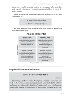 Ambiente organizacional e as implicações para o gerenciamento
99
apresentam, a análise ambiental pauta-se na incerteza como forma de obter
cada vez mais informações, a fim de diminuir a possibilidade de ocorrer de-
cisões erradas.
Nesse sentido, temos o entrecruzamento das duas dimensões de coleta
de informações:
A dimensão estável-instável
A dimensão simples-complexa
Em linhas gerais, a correlação obtida dessas duas dimensões apresenta-se
no quadro que se segue:
Simples + Estável
Incerteza baixa.
Pequeno número de elementos
externos e semelhantes.
Elementos permanecem os
mesmos ou se modificam
lentamente.
Simples + Instável
Incerteza moderada-alta.
Pequeno número de elementos
externos e semelhantes.
Elementos modificam-se
com freqüência e de forma
imprevisível.
Complexo + Estável
Incerteza moderada-baixa.
Grande número de elementos
externos e estes não são
semelhantes.
Elementos permanecem os
mesmos ou se modificam
lentamente.
Complexo + Instável
Incerteza alta.
Grande número de elementos
externos e estes não são
semelhantes.
Elementos modificam-se
com freqüência e de forma
imprevisível.
Complexidade Ambiental
MudançaAmbiental
Análise ambiental
Ampliando seus conhecimentos
A era da irracionalidade
(HANDY, 1992)
Para Handy a tendência é clara. As empresas tenderão a possuir apenas
metade dos funcionários no seu núcleo central. Estes vão trabalhar o triplo
de horas e ganharão o dobro do salário. A outra metade serão trabalhadores
de portfólio, ou seja, especialistas numa determinada área, que vendem as
PRINCIPIOS_ADMINISTRACAO.indb 99 9/3/2009 08:14:21
 