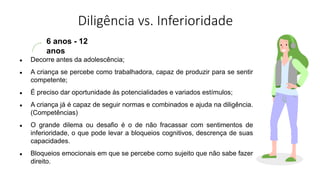 Diligência vs. Inferioridade
6 anos - 12
anos
● Decorre antes da adolescência;
● A criança se percebe como trabalhadora, capaz de produzir para se sentir
competente;
● É preciso dar oportunidade às potencialidades e variados estímulos;
● A criança já é capaz de seguir normas e combinados e ajuda na diligência.
(Competências)
● O grande dilema ou desafio é o de não fracassar com sentimentos de
inferioridade, o que pode levar a bloqueios cognitivos, descrença de suas
capacidades.
● Bloqueios emocionais em que se percebe como sujeito que não sabe fazer
direito.
 